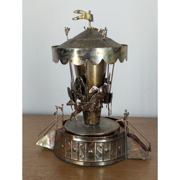 Vintage Copper Wind-Up Musical Carousel Horses 1960s MCM Music Home Decor Gift - Picture 4 of 12